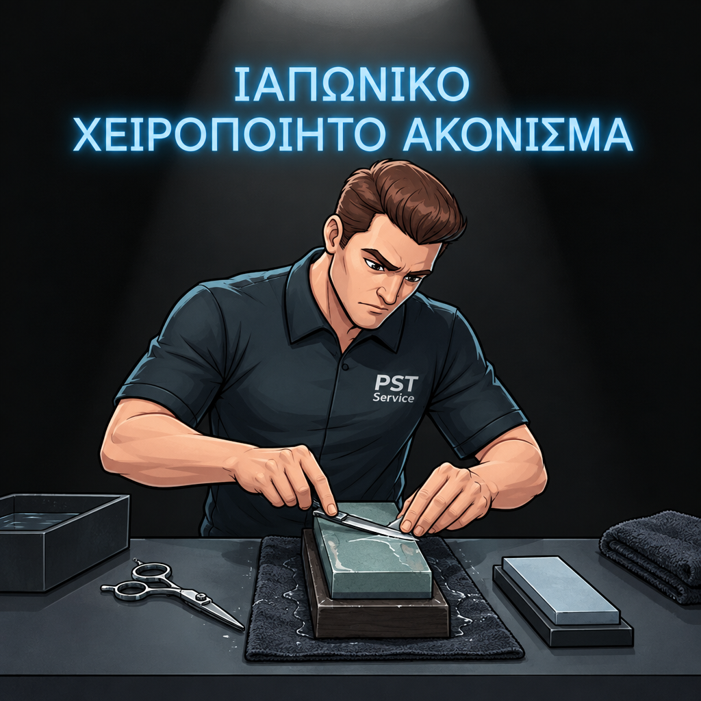 Επαγγελματικό χειροποίητο ακόνισμα ιαπωνικού τύπου για ψαλίδια κομμωτικής από την PST Service.